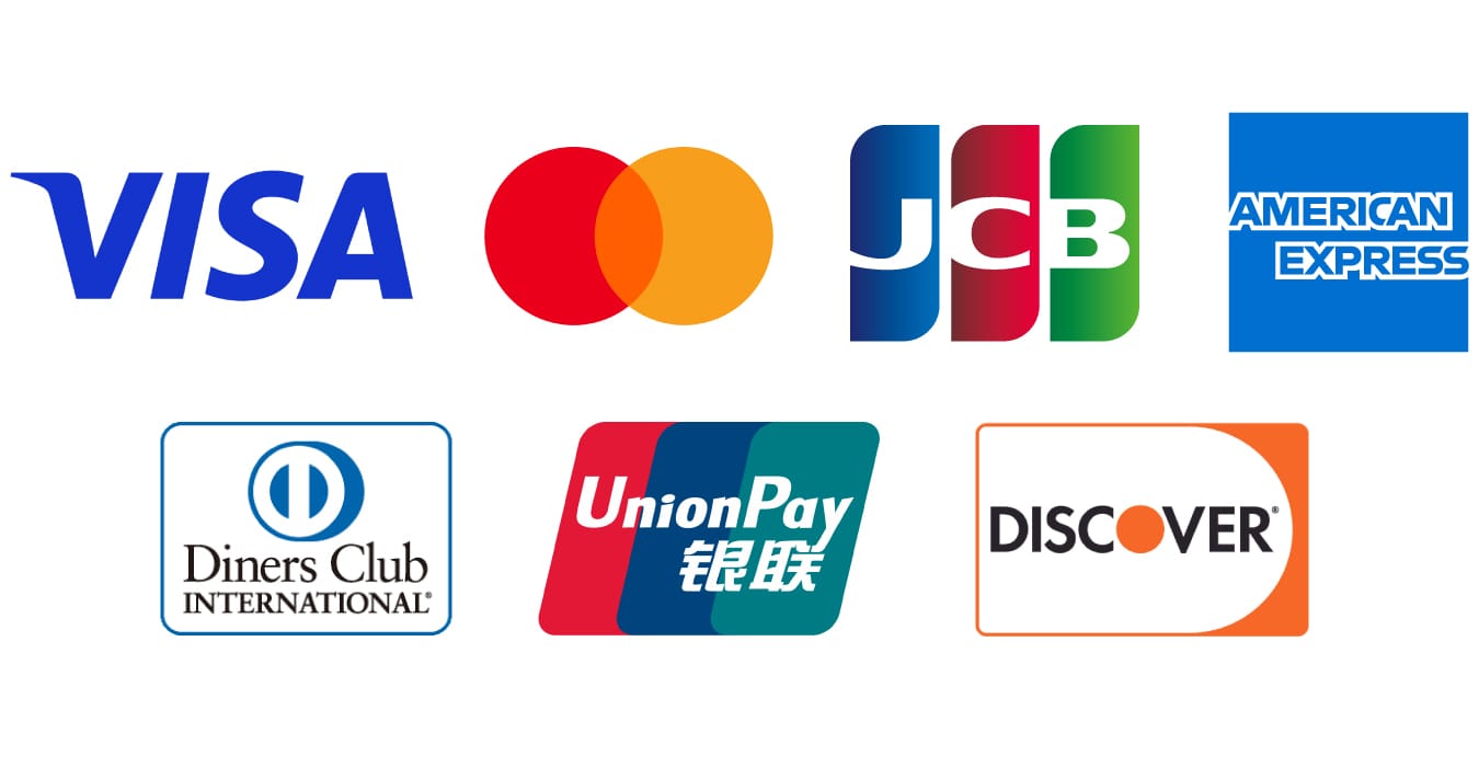 利用可能なクレジットカードブランド一覧（VISA、Mastercard、JCB、American Express、Diners Club、UnionPay、Discover）
